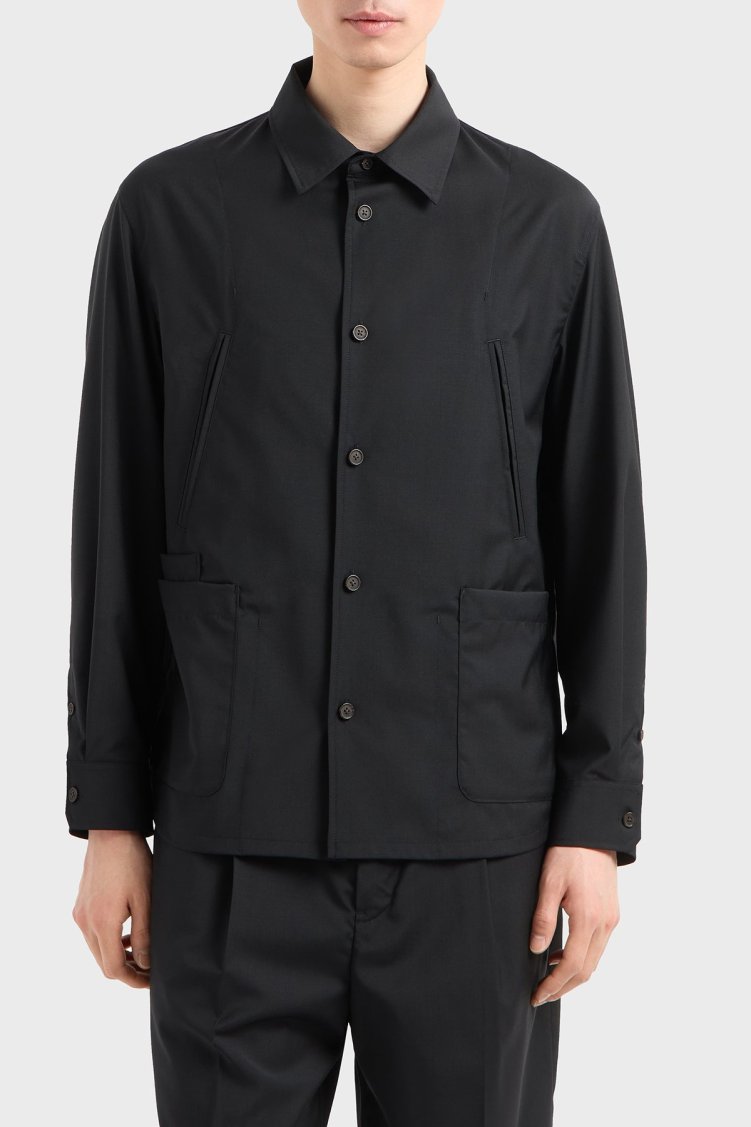 Emporio Armani Hafif Yünlü Regular Fit Uzun Kollu Erkek Gömlek Ceket EM001480 AF13821 UC001 SİYAH - Emporio Armani