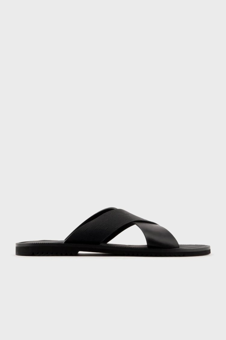 Emporio Armani Hakiki Deri Düz Erkek Terlik X4P125 XN789 K001 SİYAH - Emporio Armani