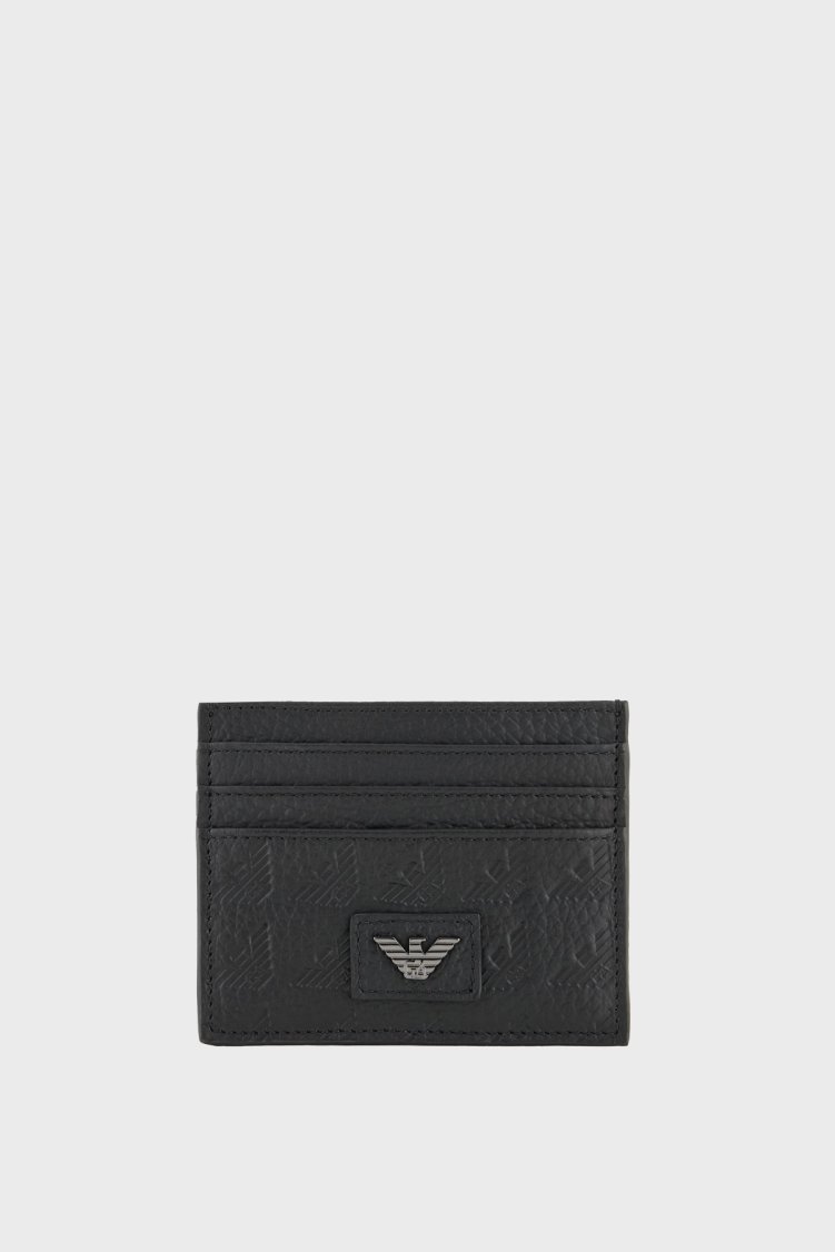 Emporio Armani Hakiki Deri Kabartmalı Logo Baskılı Erkek Kartlık EM001740 AF14774 UC001 SİYAH - Emporio Armani