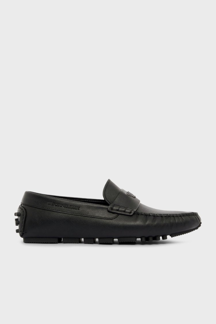 Emporio Armani Hakiki Deri Logolu Erkek Ayakkabı EM004324 AF21908 UC001 SİYAH - Emporio Armani