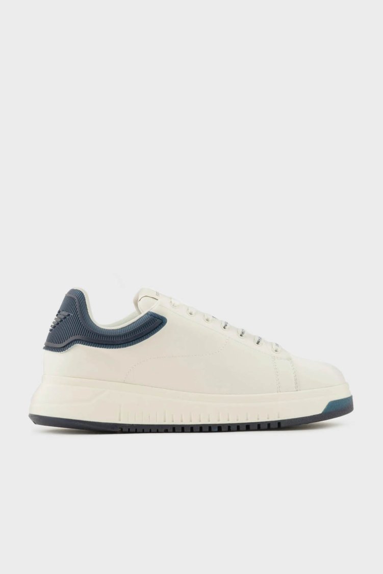 Emporio Armani Hakiki Deri Logolu Sneaker Erkek Ayakkabı EM003663 AF18212 FB060 EKRU-YEŞİL - Emporio Armani
