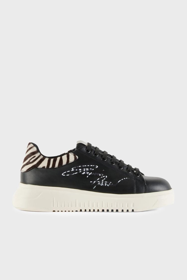 Emporio Armani Hakiki Deri Sneaker Bayan Ayakkabı X3X024 XN388 R298 SİYAH - Emporio Armani