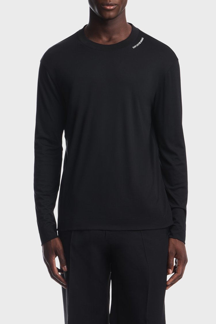 Emporio Armani İpek Karışımlı Bisiklet Yaka Uzun Kollu Erkek T Shirt EM006771 AF13721 UC001 Siyah - Emporio Armani