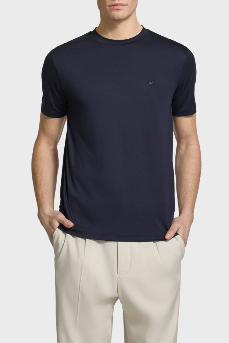 Emporio Armani İpek Karışımlı Regular Fit Logolu Bisiklet Yaka Erkek T Shirt EM004586 AF13721 UB118 LACİVERT - Emporio Armani