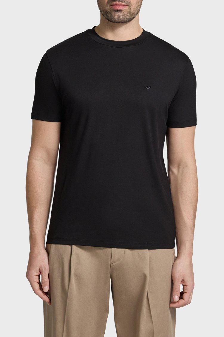 Emporio Armani İpek Karışımlı Regular Fit Logolu Bisiklet Yaka Erkek T Shirt EM004586 AF13721 UC001 SİYAH - Emporio Armani
