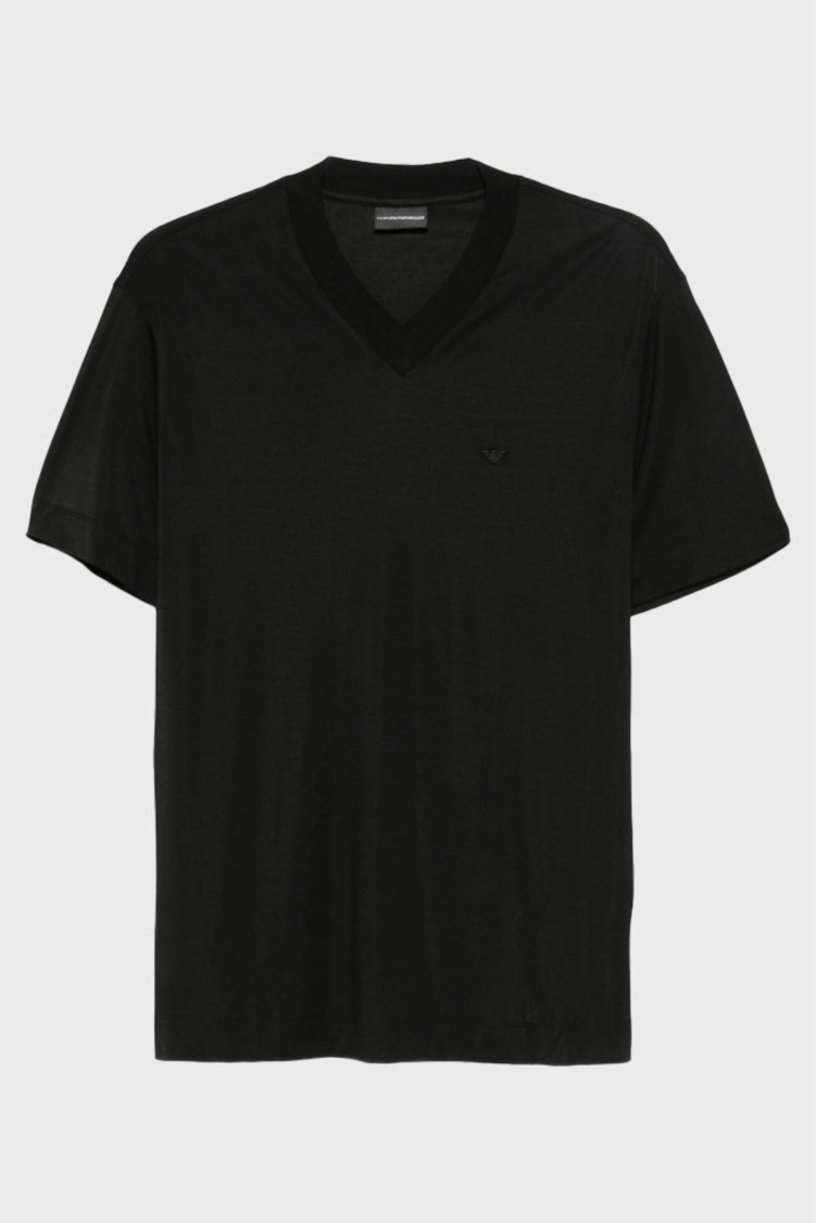 Emporio Armani İpek Karışımlı Regular Fit V Yaka Jarse Erkek T Shirt EM003465 AF13721 UC001 SİYAH - Emporio Armani
