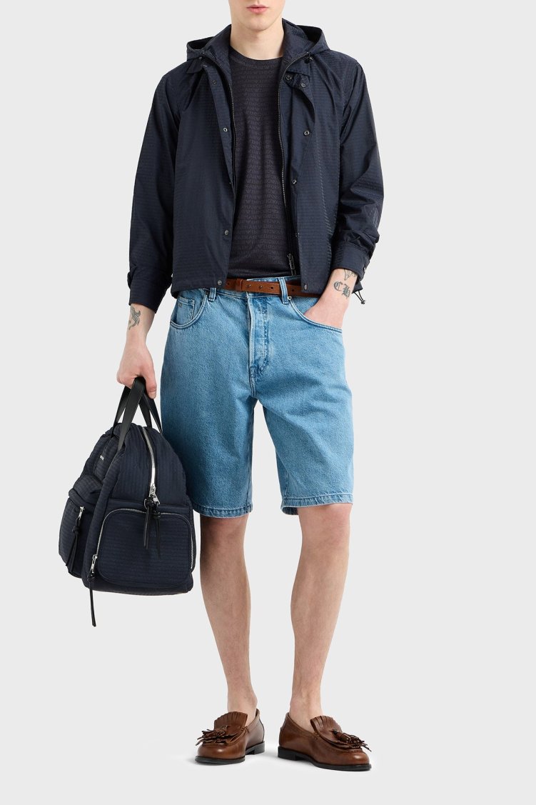 Emporio Armani Jakarlı Logo Baskılı Regular Fit Çıkarılabilir Kapüşonlu Erkek Mont EM001003 AF15384 UB118 LACİVERT - Emporio Armani