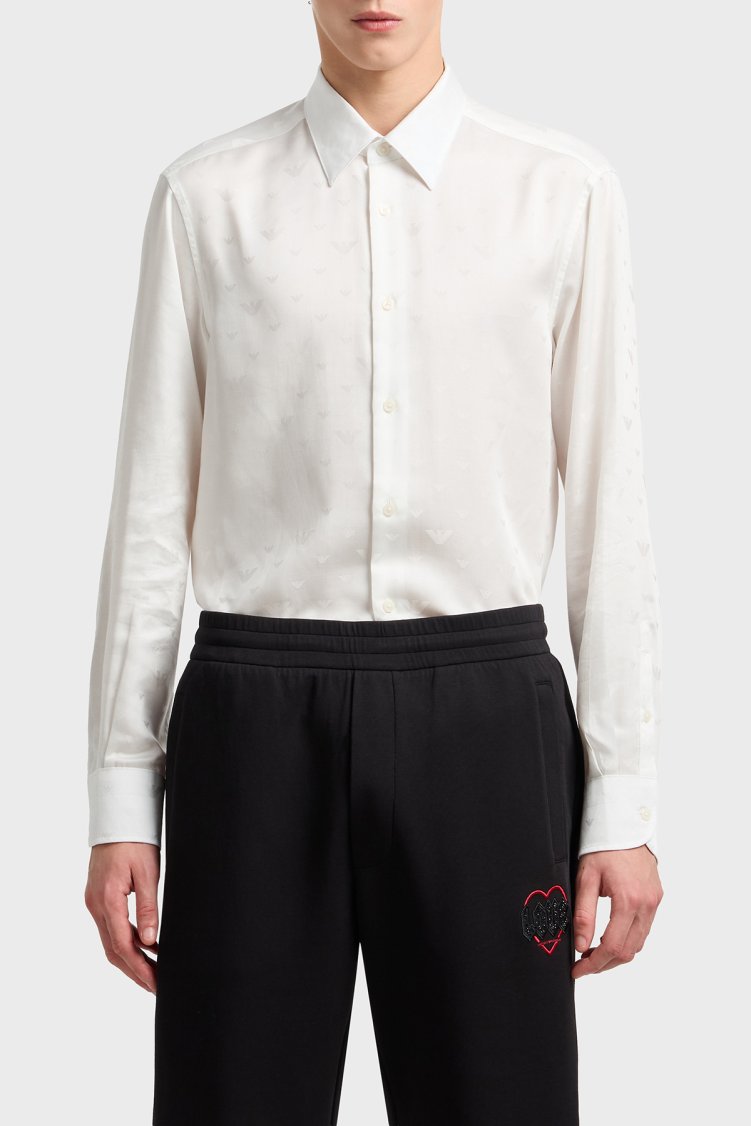 Emporio Armani Jakarlı Regular Fit Saten Görünümlü Klasik Yaka Erkek Gömlek EM001537 AF15074 F0140 BEYAZ - Emporio Armani