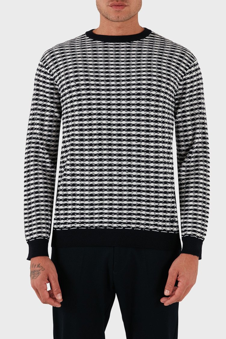 Emporio Armani Jakarlı Yün Karışımlı Regular Fit Bisiklet Yaka Erkek Kazak EM003830 AF19833 F0015 BEYAZ-LACİVERT - Emporio Armani