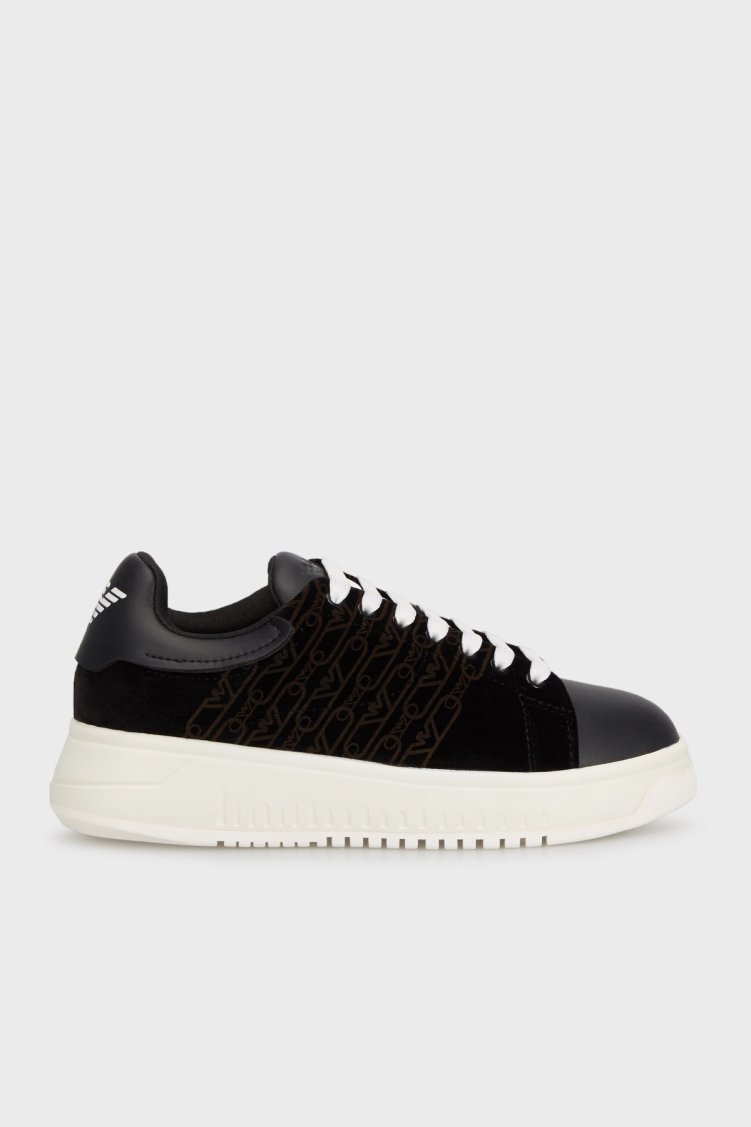 Emporio Armani Kadife Logolu Kalın Tabanlı Sneaker Bayan Ayakkabı X3X024 XR228 00002 SİYAH - Emporio Armani