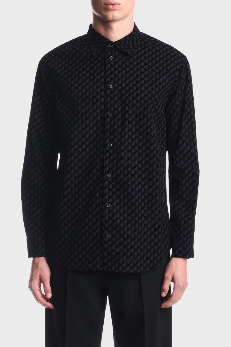 Emporio Armani Kadife Logolu Pamuklu Uzun Kollu Erkek Gömlek EM006705 AF27982 PC005 Siyah - Emporio Armani