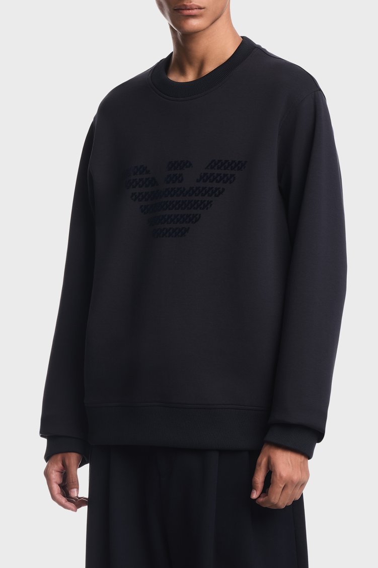 Emporio Armani Kadife Logolu Regular Fit Bisiklet Yaka Erkek Sweat EM006841 AF10013 MB845 Lacivert - Emporio Armani
