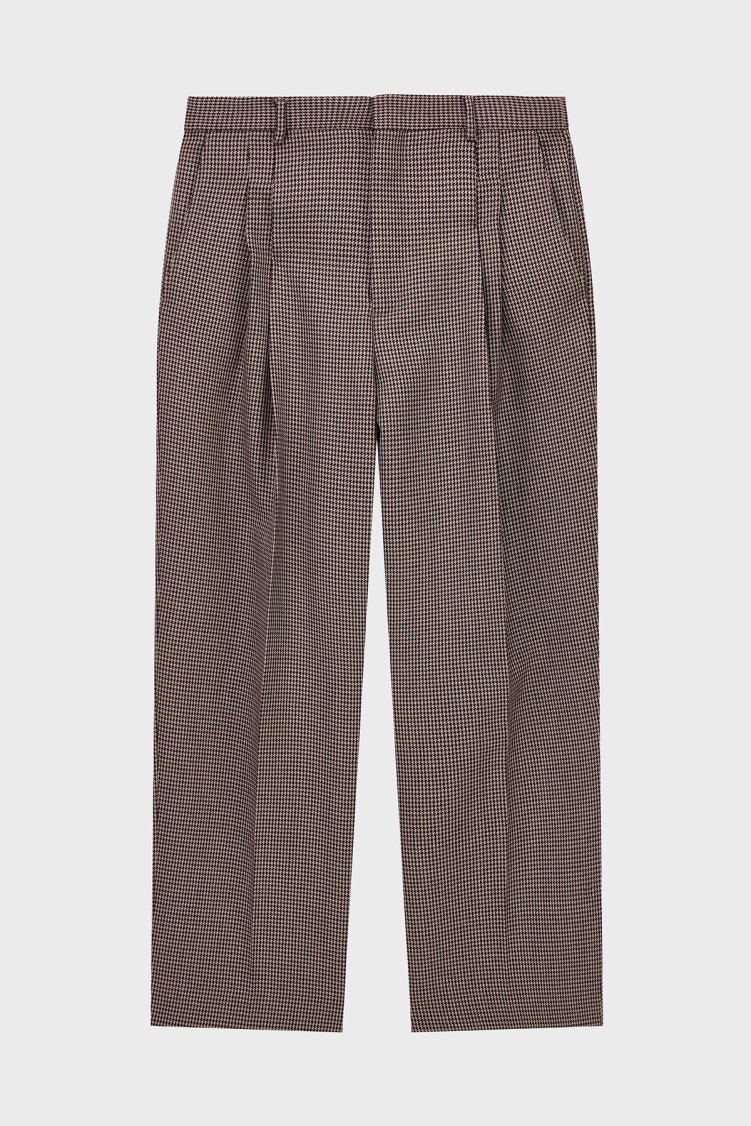 Emporio Armani Kareli % 100 Yün Rahat Kalıp Geniş Paça Erkek Pantolon EM007123 TE23229 F1055 Bej - Emporio Armani (1)