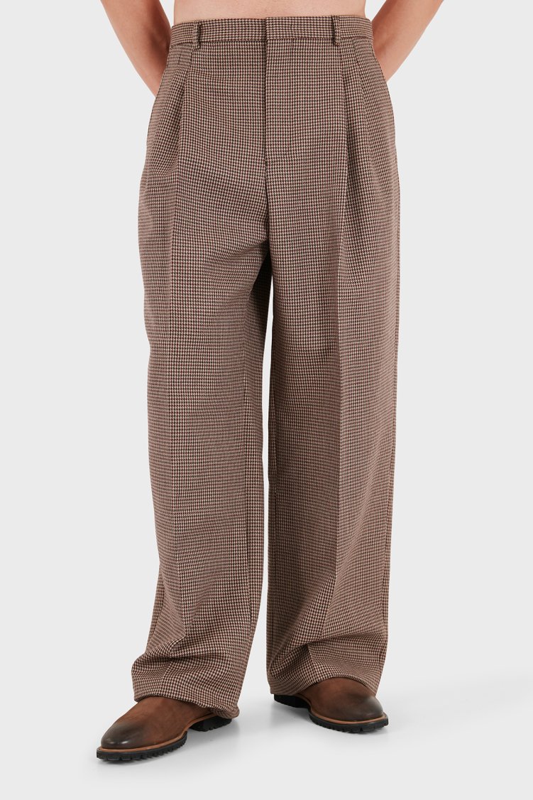 Emporio Armani Kareli % 100 Yün Rahat Kalıp Geniş Paça Erkek Pantolon EM007123 TE23229 F1055 Bej - Emporio Armani
