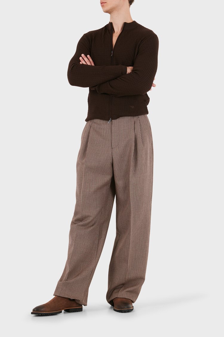 Emporio Armani Kareli % 100 Yün Rahat Kalıp Geniş Paça Erkek Pantolon EM007123 TE23229 F1055 Bej - Emporio Armani (1)