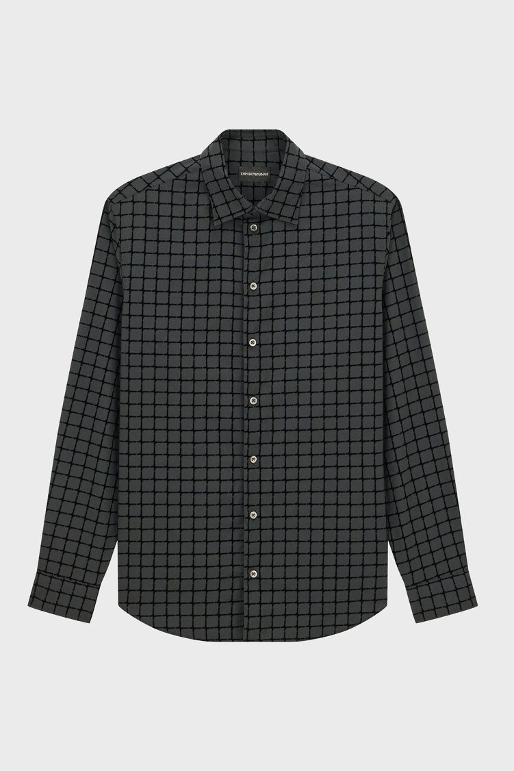 Emporio Armani Kareli Regular Fit Klasik Yaka Erkek Gömlek EM000099 TE23256 UC001 Siyah - Emporio Armani