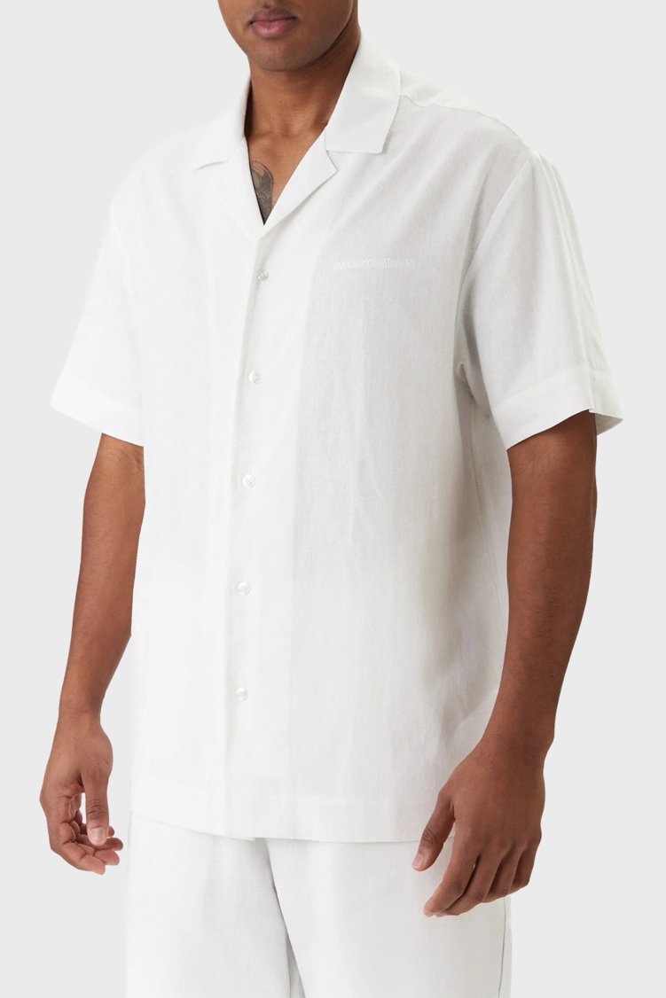 Emporio Armani Keten Karışımlı Regular Fit Kısa Kollu Erkek Gömlek EM000593 AF20590 U0002 BEYAZ - Emporio Armani