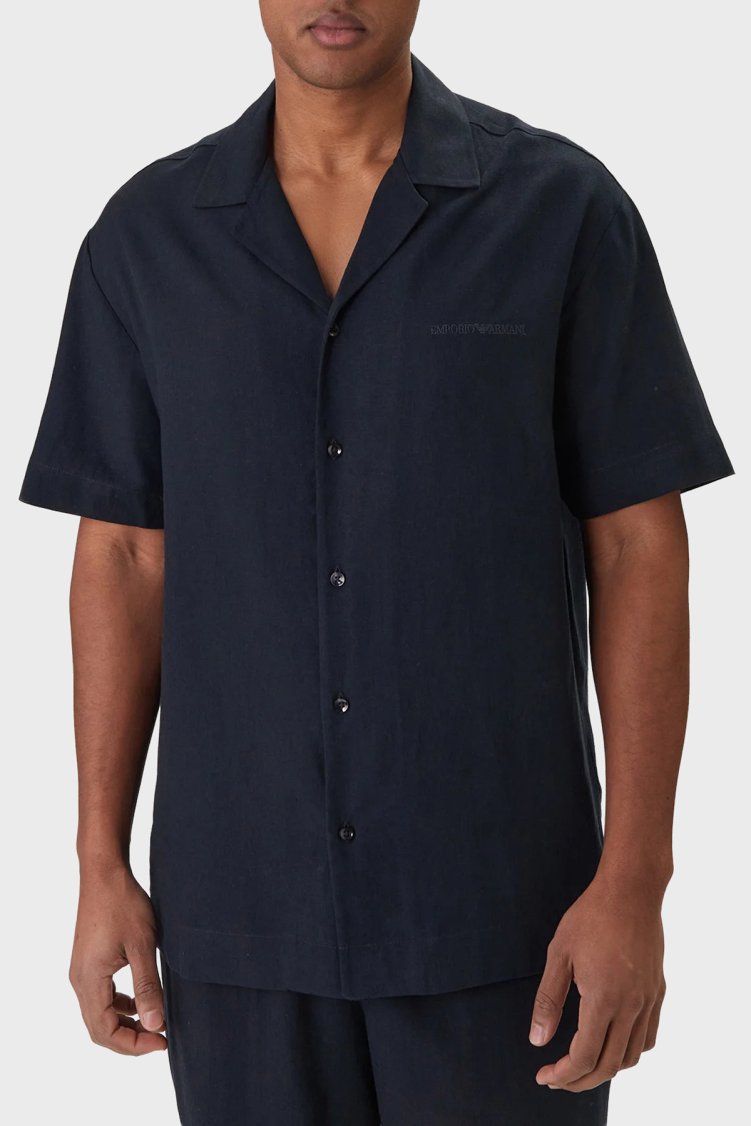 Emporio Armani Keten Karışımlı Regular Fit Kısa Kollu Erkek Gömlek EM000593 AF20590 UB102 LACİVERT - Emporio Armani