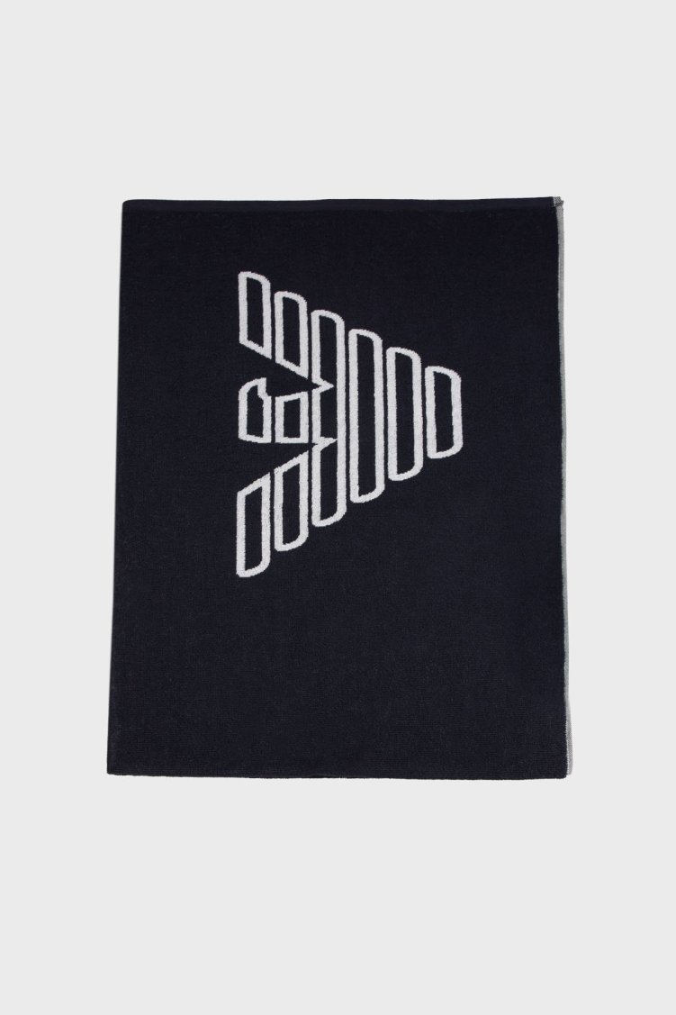 Emporio Armani Logo Baskılı % 100 Pamuk 170 x 102 cm Çift Taraflı Unisex Plaj Havlusu EX000019 AF12331 UB102 LACİVERT - Emporio Armani