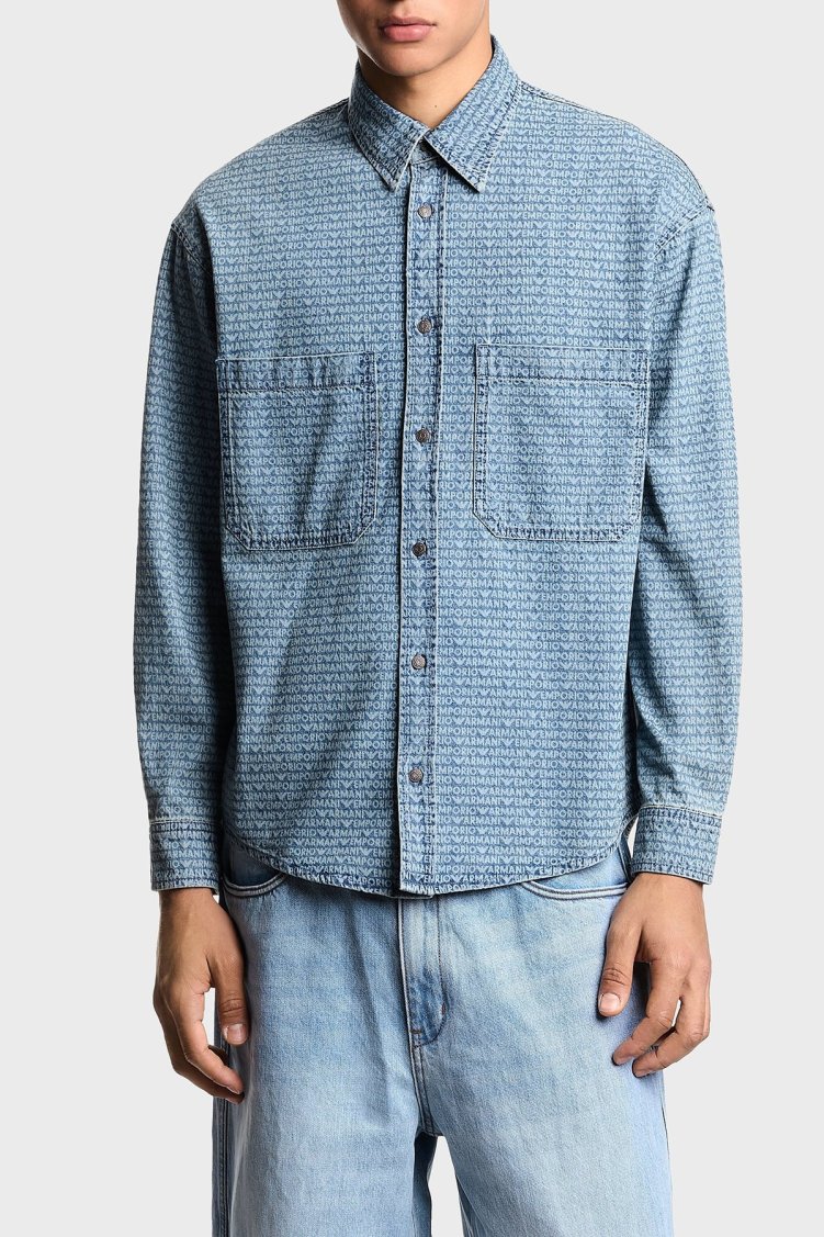 Emporio Armani Logo Baskılı Pamuklu Comfort Fit Klasik Yaka Cepli Kot Erkek Gömlek EM003694 AF19756 MB001 MAVİ - Emporio Armani