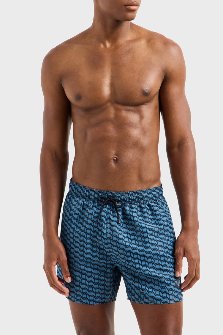 Emporio Armani Logo Desenli Slim Fit Düşük Bel Erkek Mayo Short EM000583 AF12342 F9035 Mavi - Emporio Armani