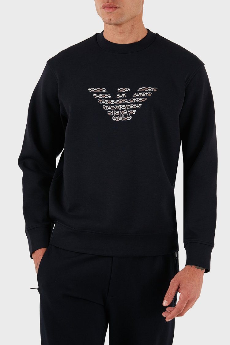 Emporio Armani Logo İşlmeli Streç Pamuklu Regular Fit Bisiklet Yaka Erkek Sweat EM002906 AF10013 MB369 SİYAH - Emporio Armani