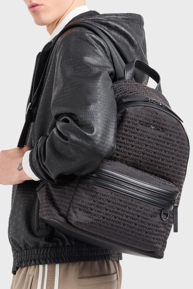Emporio Armani Logo Kaplı Jakarlı Ayarlanabilir Askılı Erkek Sırt Çantası EM001209 AF13823 U8168 SİYAH - Emporio Armani (1)