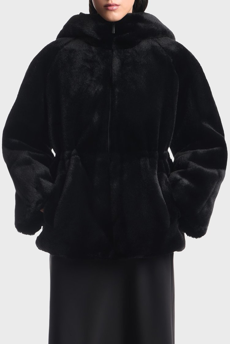 Emporio Armani Logo Nakışlı Çift Taraflı Comfort Fit Suni Kürklü Kadın Kaban EW001467 AF14618 MC736 Siyah - Emporio Armani (1)
