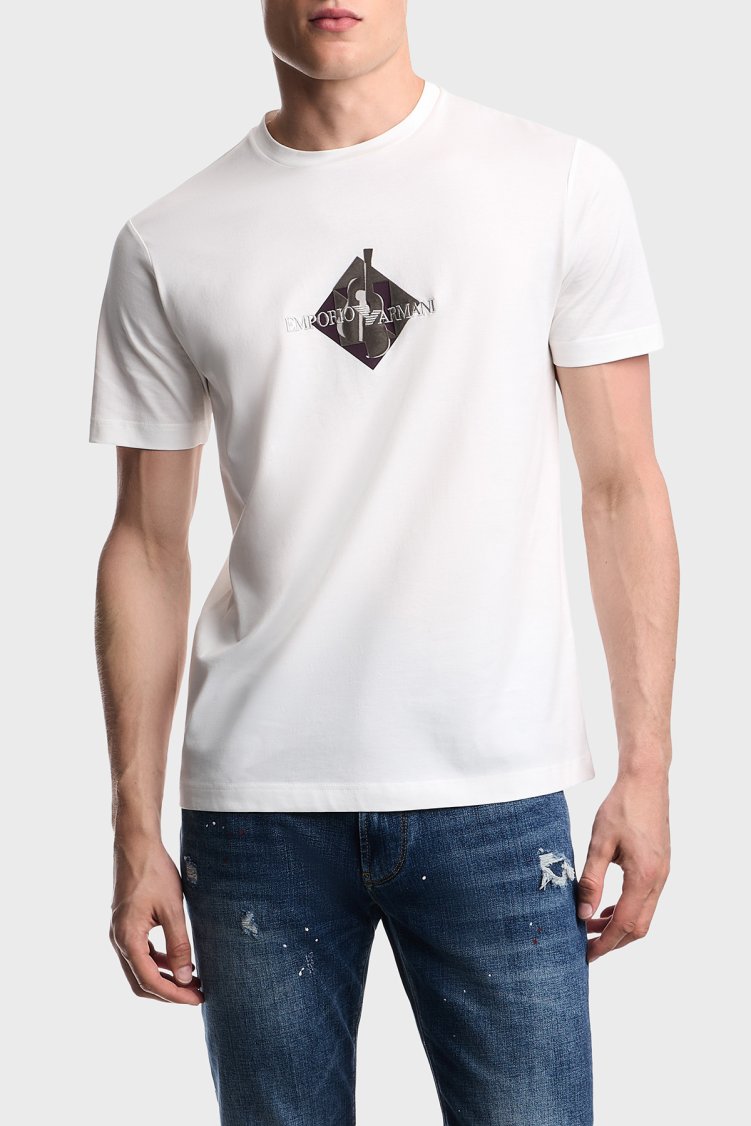 Emporio Armani Logolu % 100 Pamuk Bisiklet Yaka Erkek T Shirt EM006924 AF14795 F0021 Beyaz - Emporio Armani
