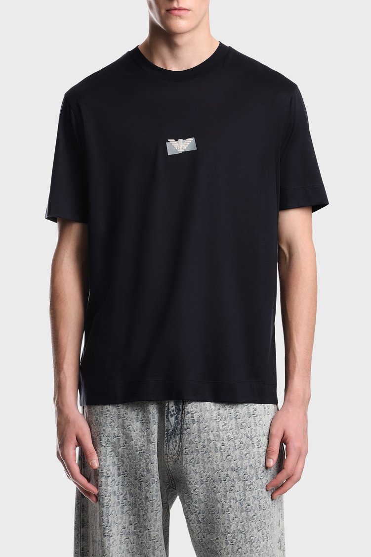 Emporio Armani Logolu % 100 Pamuk Bisiklet Yaka Erkek T Shirt EM007040 AF10017 UB118 Lacivert - Emporio Armani