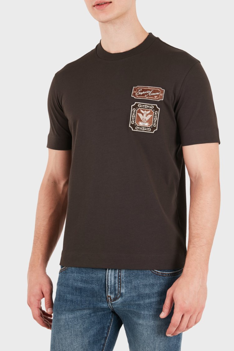 Emporio Armani Logolu % 100 Pamuk Bisiklet Yaka Erkek T Shirt EM007320 AF13715 U6030 Koyu kahve - Emporio Armani