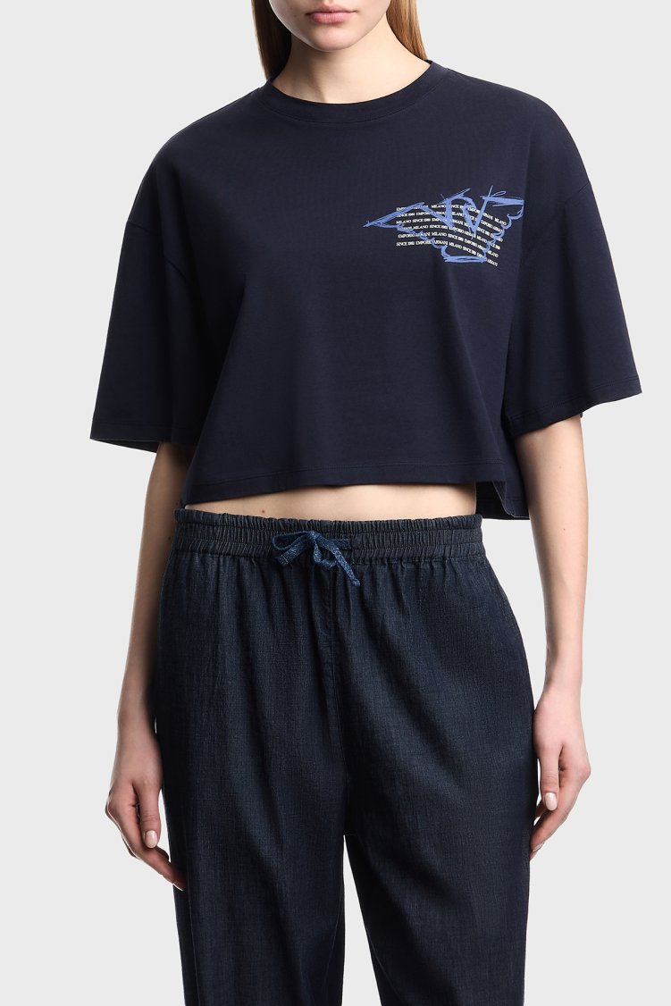 Emporio Armani Logolu % 100 Pamuk Cropped Fit Bisiklet Yaka Kadın T Shirt EW004388 AF12597 UB115 LACİVERT - Emporio Armani