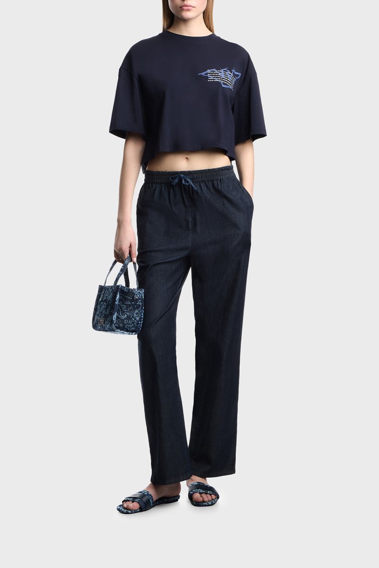 Emporio Armani Logolu % 100 Pamuk Cropped Fit Bisiklet Yaka Kadın T Shirt EW004388 AF12597 UB115 LACİVERT - Emporio Armani (1)