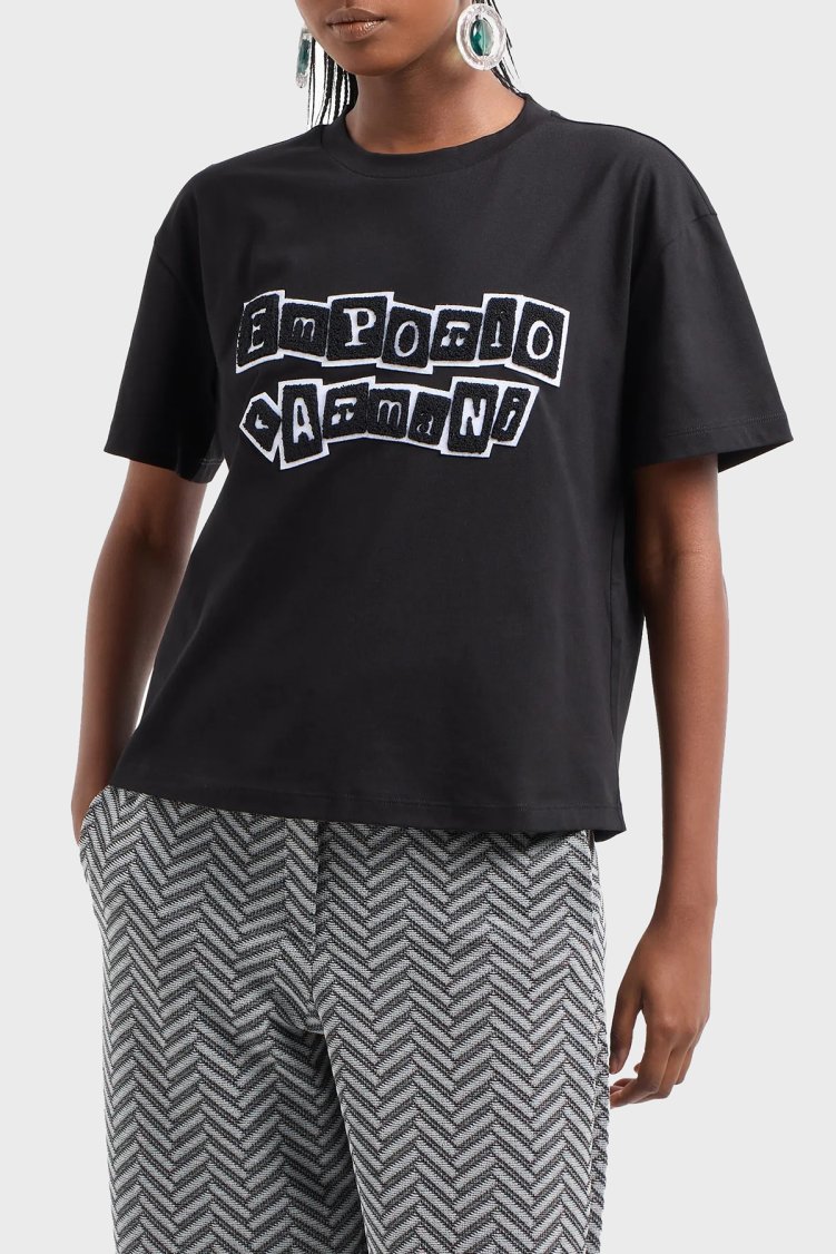 Emporio Armani Logolu % 100 Pamuk Regular Fit Kadın T Shirt 6D2T7H 2J4EZ 0999 SİYAH - Emporio Armani