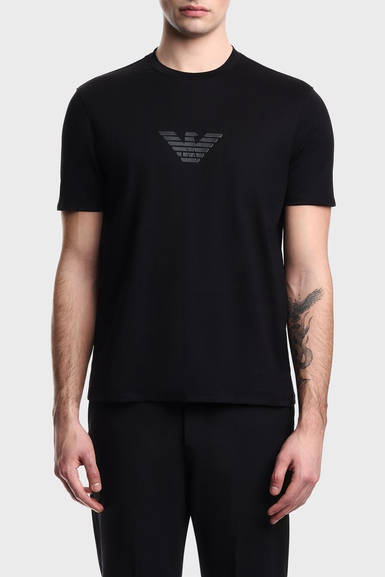 Emporio Armani Logolu % 100 Pamuk Regular Fit Bisiklet Yaka Erkek T Shirt EM004583 AF13669 MC539 SİYAH - Emporio Armani