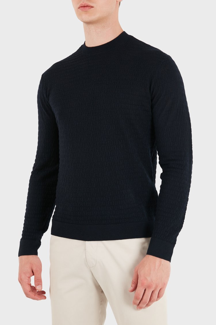 Emporio Armani Logolu % 100 Yün Bisiklet Yaka Erkek Kazak EM004378 AF24416 UB118 Lacivert - Emporio Armani