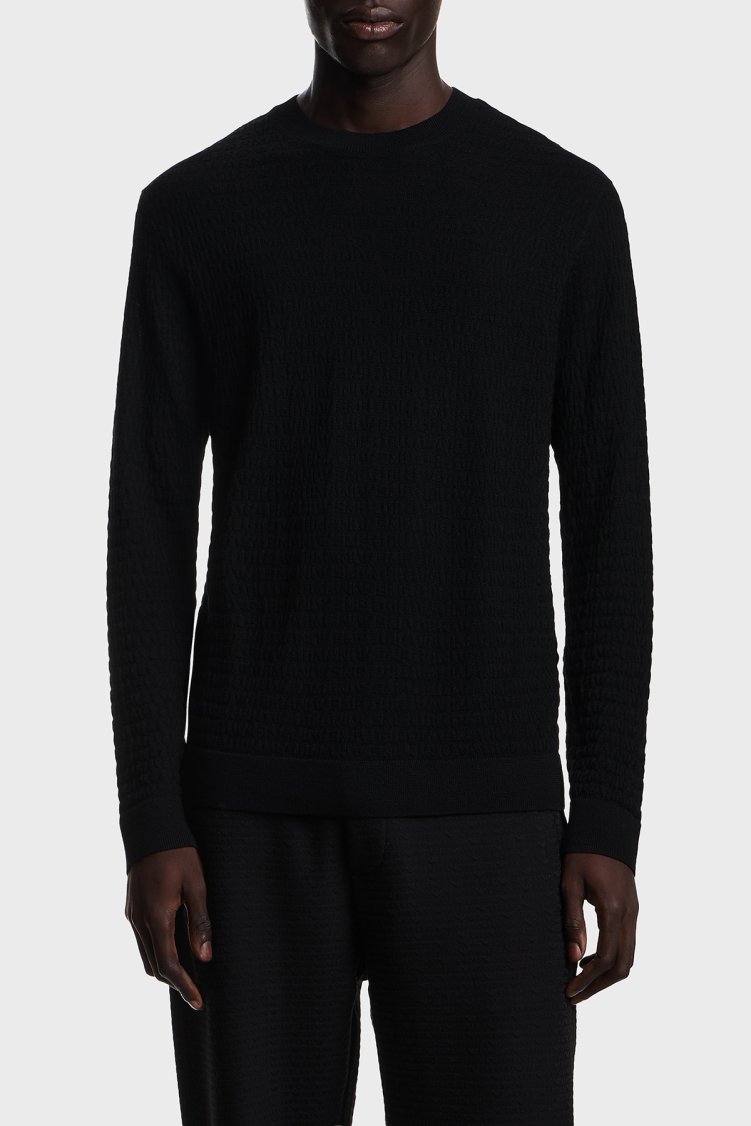 Emporio Armani Logolu % 100 Yün Bisiklet Yaka Erkek Kazak EM004378 AF24416 UC001 Siyah - Emporio Armani