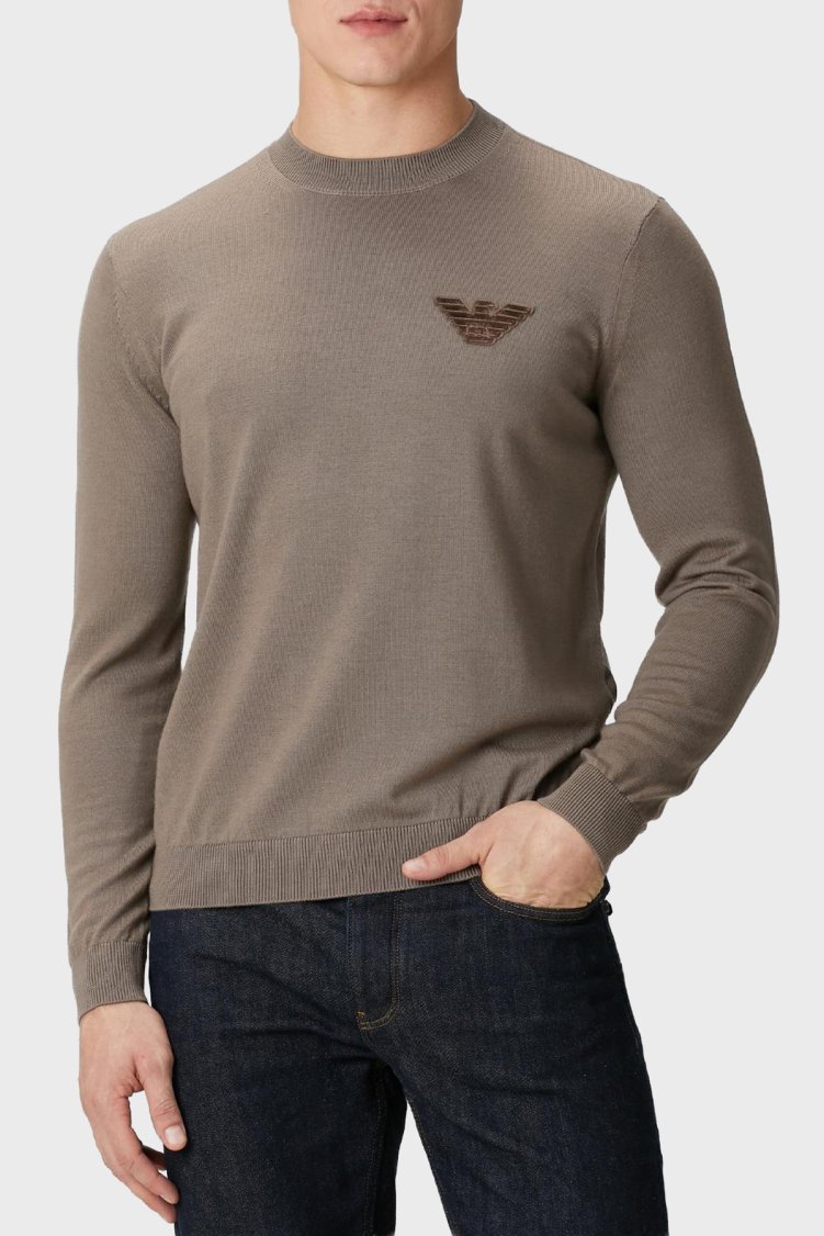 Emporio Armani Logolu % 100 Yün Regular Fit Bisiklet Yaka Erkek Kazak EM002419 AF14158 U6189 KAHVE - Emporio Armani