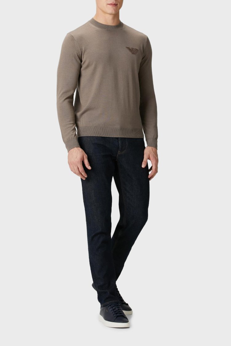 Emporio Armani Logolu % 100 Yün Regular Fit Bisiklet Yaka Erkek Kazak EM002419 AF14158 U6189 KAHVE - Emporio Armani (1)