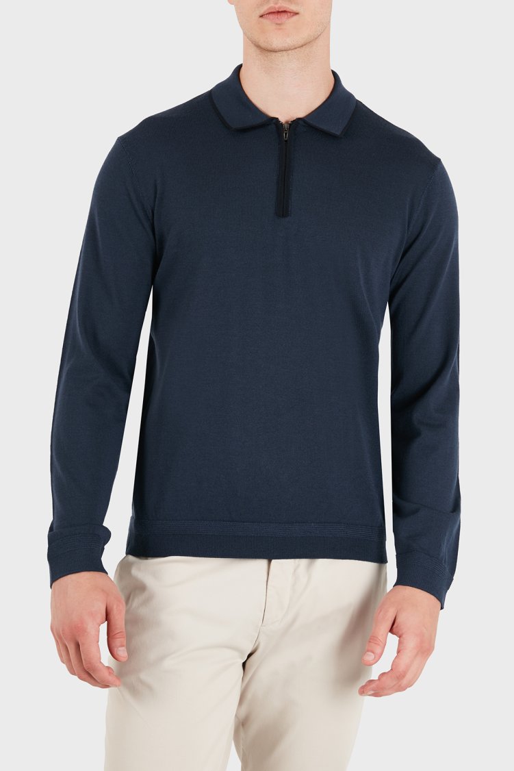 Emporio Armani Logolu % 100 Yün Yarım Femuarlı Erkek Polo EM006224 AF27805 UB106 Gece mavi - Emporio Armani