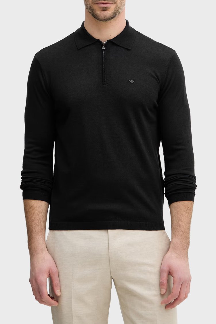 Emporio Armani Logolu % 100 Yün Yarım Fermuarlı Erkek Polo EM004381 AF23421 UC001 Siyah - Emporio Armani