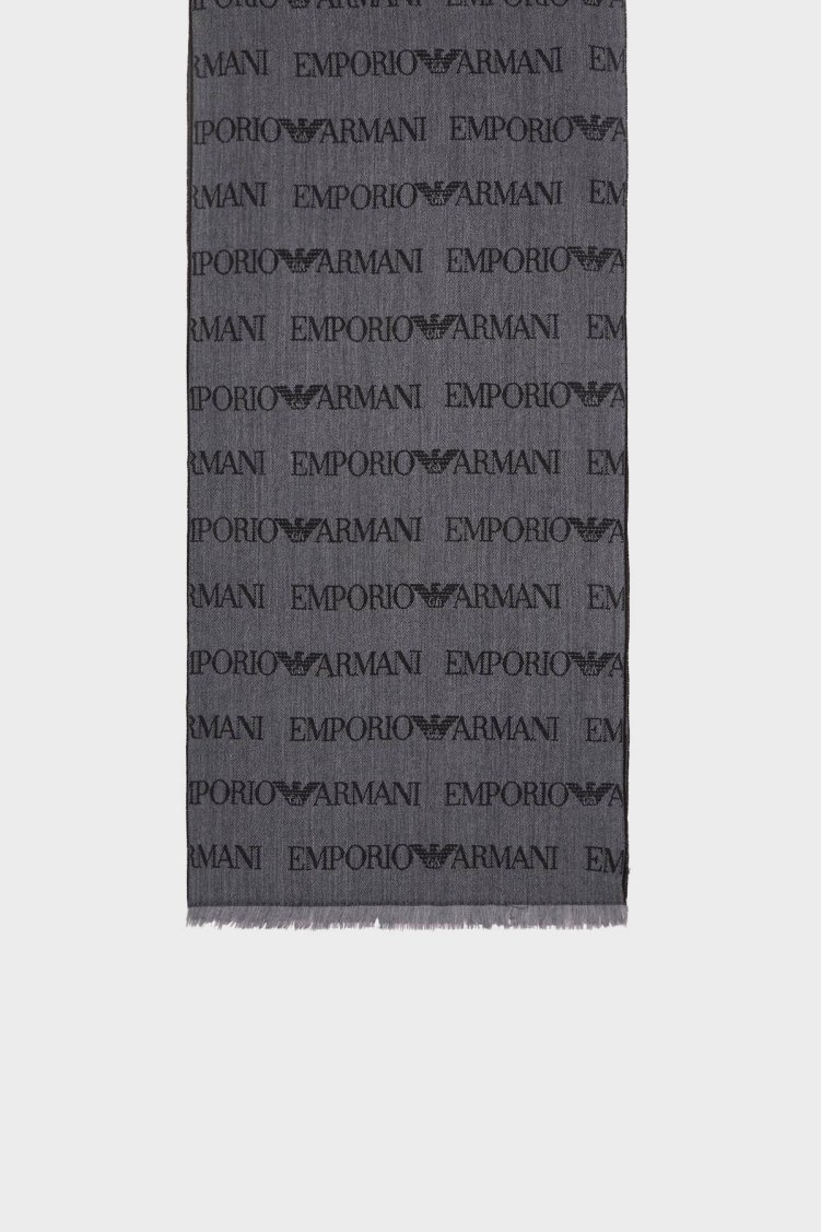 Emporio Armani Logolu 43 x 183 cm % 100 Yün Erkek Şal EM004238 AF21541 F7086 GRİ-SİYAH - Emporio Armani