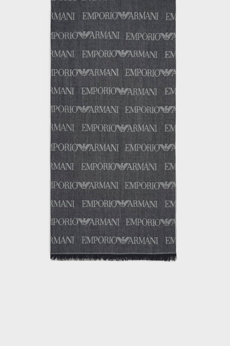 Emporio Armani Logolu 43 x 183 cm % 100 Yün Erkek Şal EM004238 AF21541 FB018 LACİVERT - Emporio Armani