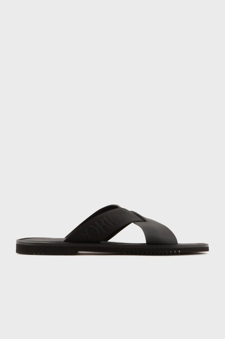 Emporio Armani Logolu Çapraz Bantlı Deri Erkek Terlik X4P124 XN787 K001 SİYAH - Emporio Armani
