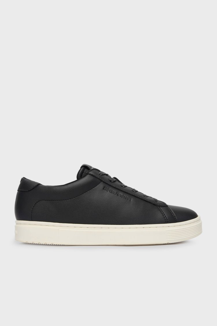 Emporio Armani Logolu Deri Sneaker Erkek Ayakkabı EM004783 AF20004 UC001 SİYAH - Emporio Armani