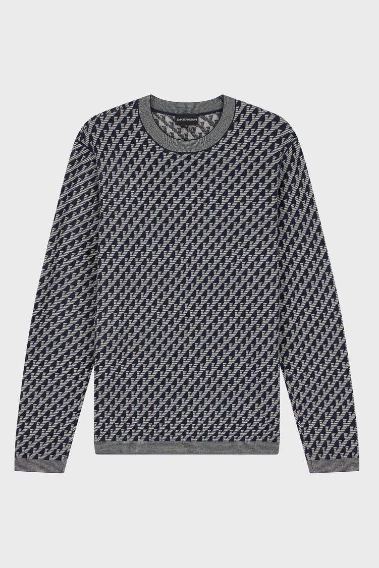 Emporio Armani Logolu Jakarlı % 100 Yün Bisiklet Yaka Erkek Kazak EM006360 AF27946 FB066 Lacivert - Emporio Armani