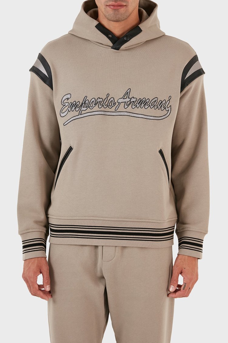 Emporio Armani Logolu Kapüşonlu Kanguru Cepli % 100 Pamuk Regular Fit Erkek Sweat 6R1MG1 1JWPZ 0643 BEJ - Emporio Armani