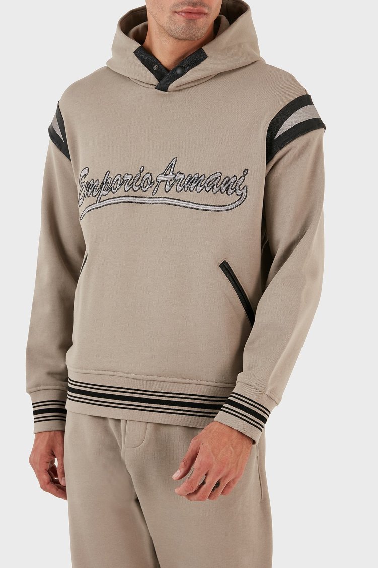 Emporio Armani Logolu Kapüşonlu Kanguru Cepli % 100 Pamuk Regular Fit Erkek Sweat 6R1MG1 1JWPZ 0643 BEJ - Emporio Armani (1)