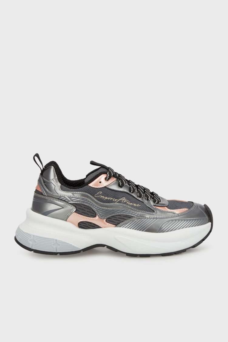 Emporio Armani Logolu Metalik Detaylı Kalın Taban Sneaker Kadın Ayakkabı EW003056 AF19766 M8254 Koyu Gri-Pembe - Emporio Armani