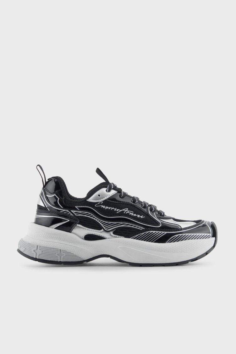 Emporio Armani Logolu Metalik Detaylı Kalın Taban Sneaker Kadın Ayakkabı EW003056 AF19766 MC372 SİYAH-GÜMÜŞ - Emporio Armani